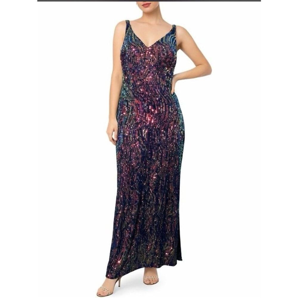 Nightway Sequin Maxi Gown 14W Women Iridescent Glam Formal Dress New